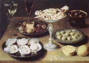 Osias Beert Style life with oysters confectionery and fruits oil